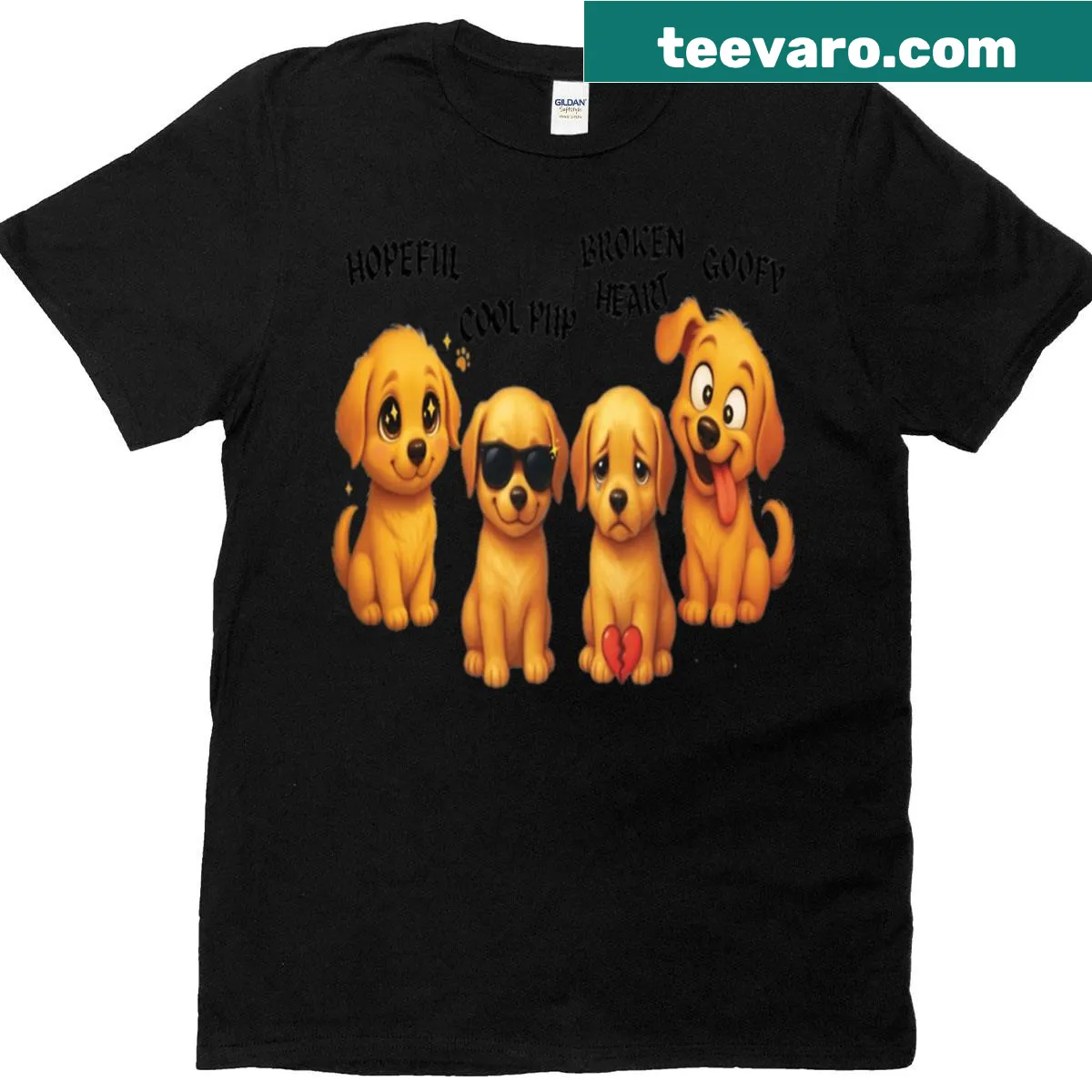 Funny T-shirt depicting various dog moods in playful typography — on a men's t-shirt