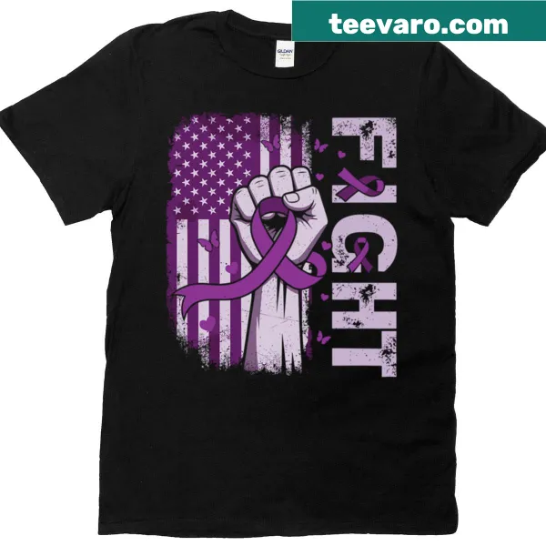 Purple Ribbon T-shirt featuring raised fist design for cancer awareness