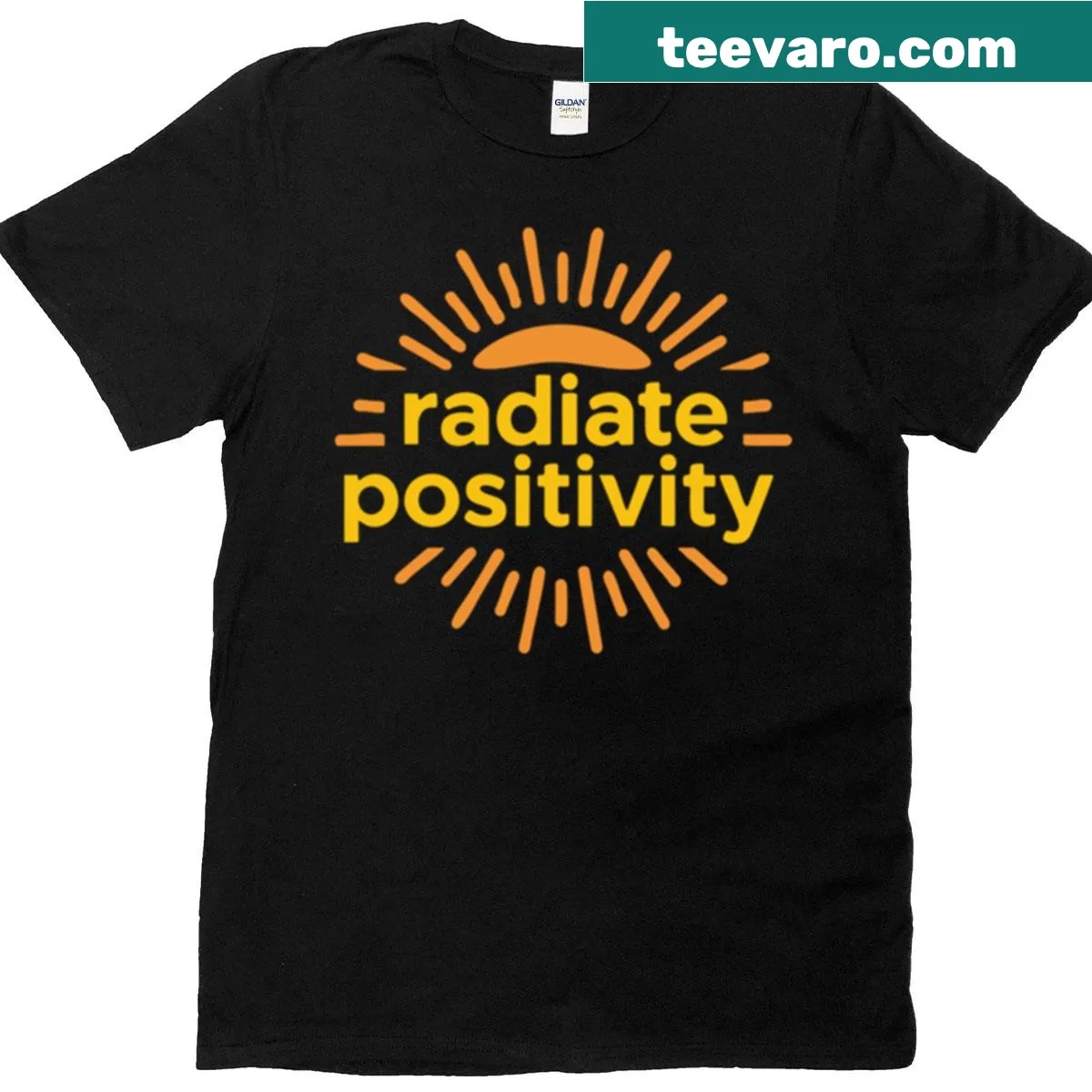 Uplifting T-shirt with 'Radiate Positivity' text and sunshine graphics — on a men's t-shirt