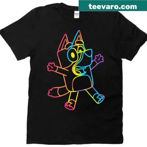 Cartoon-style T-shirt featuring a design inspired by Bluey