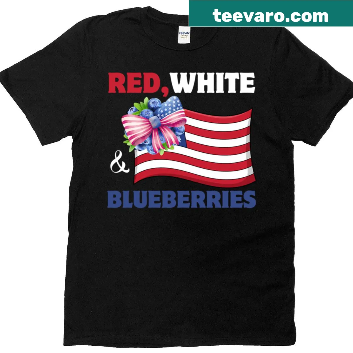Oversized T-shirt featuring blueberries and bow on American flag — on a men's t-shirt
