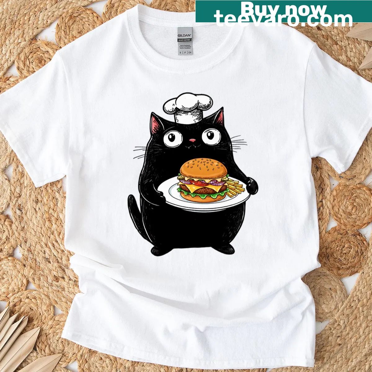 Funny cat chef presenting a fast food burger in vintage style — on a men's t-shirt