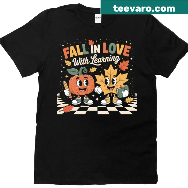 Retro teacher T-shirt with 'Fall In Love With Learning' and pumpkin graphic