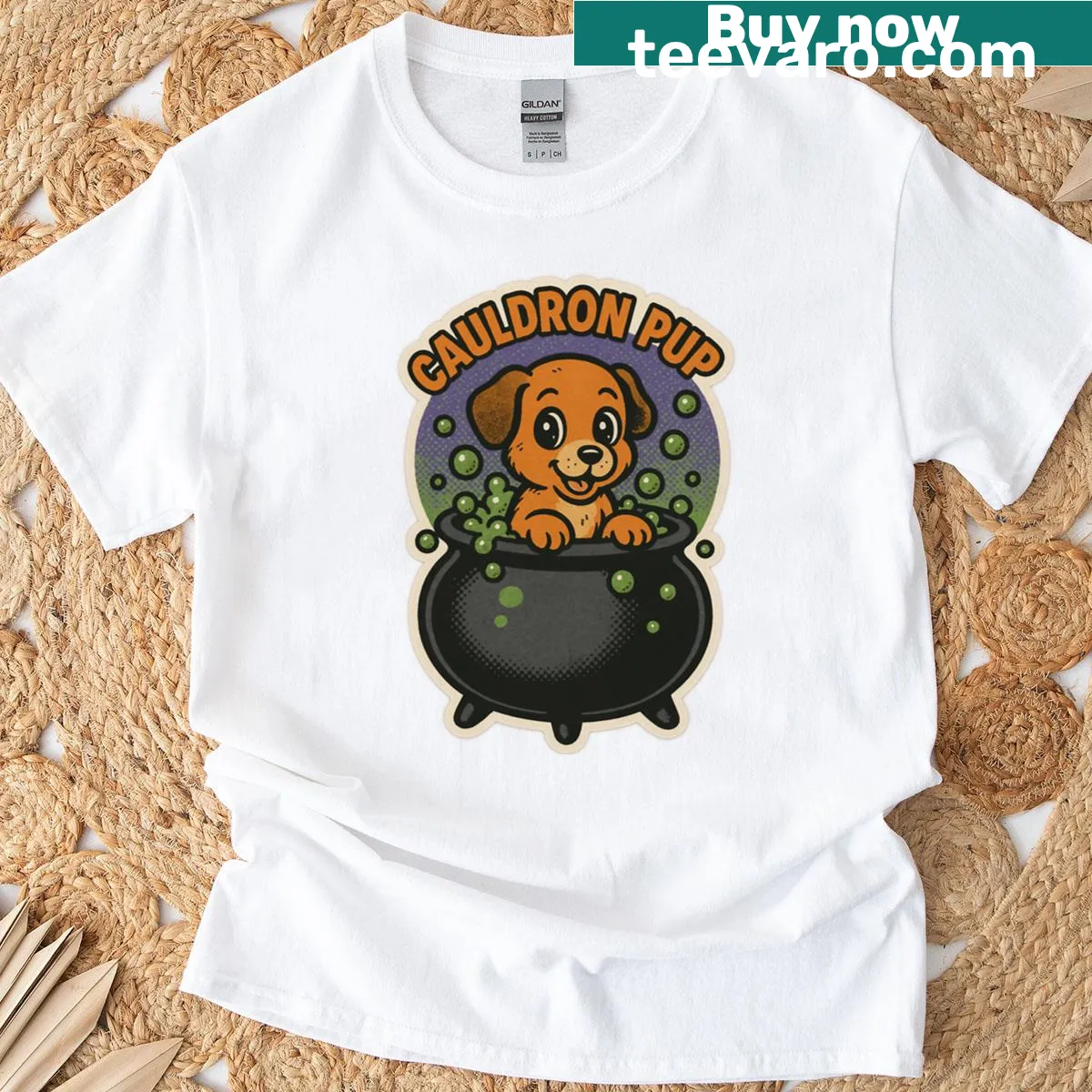 Cute Halloween dog peeking out of a cauldron in comic art style — on a men's t-shirt