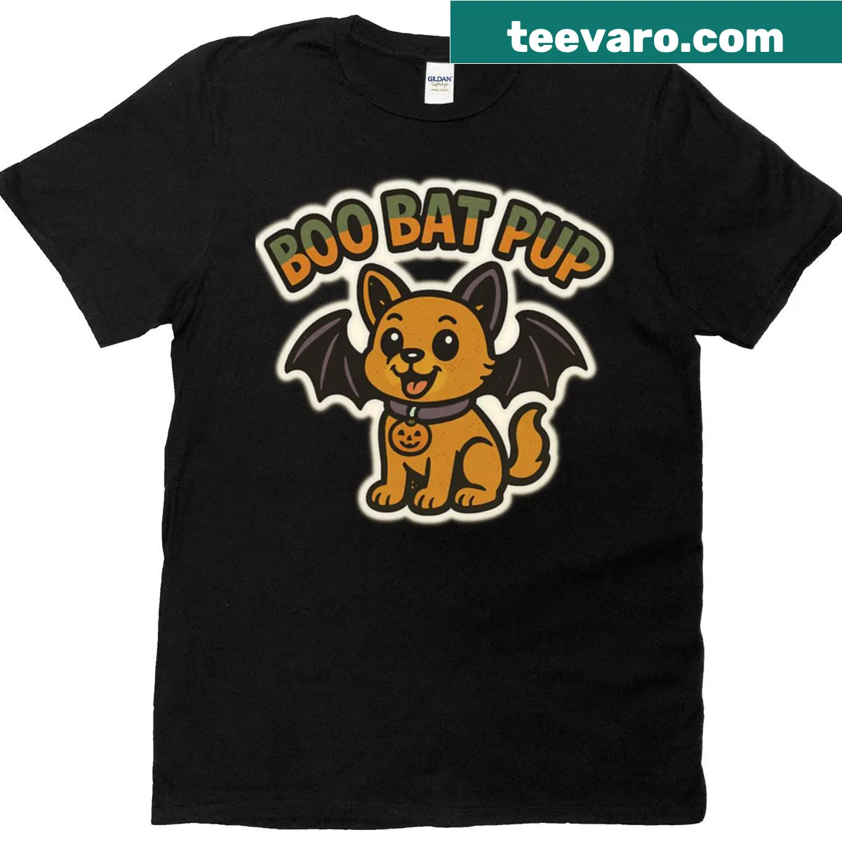 Cute Halloween T-shirt with cartoon dog dressed as a bat — on a men's t-shirt