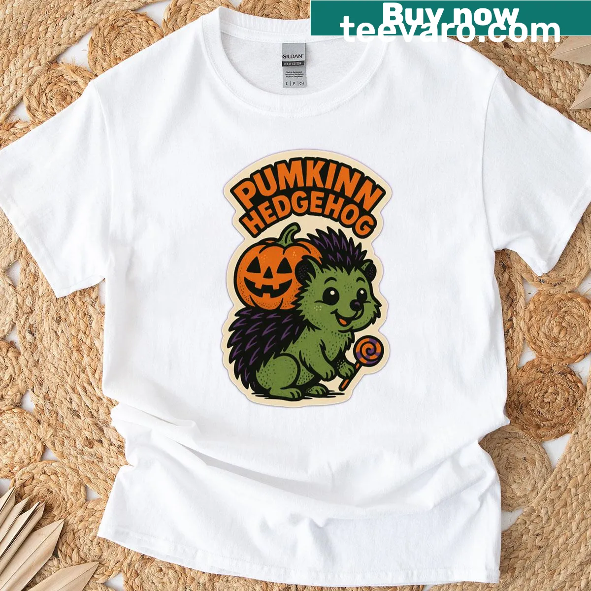 Cartoon hedgehog with pumpkins in a cute Halloween design — on a men's t-shirt