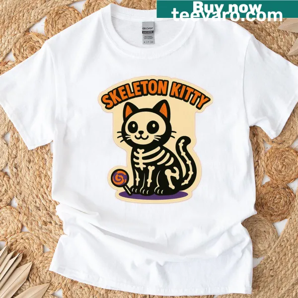 Cute skeleton kitty cartoon design for Halloween
