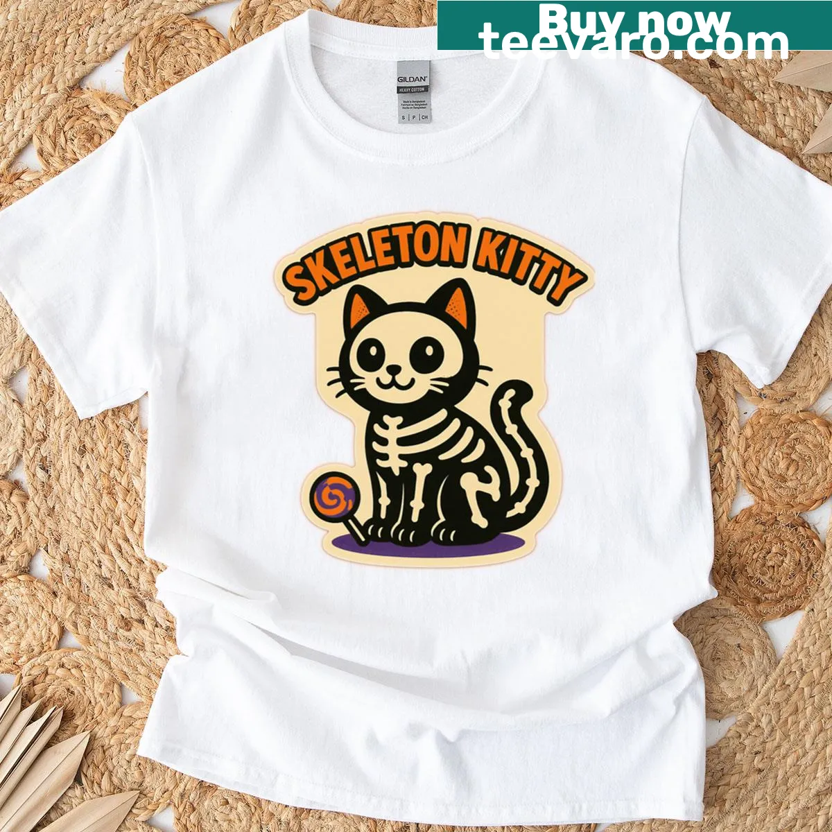 Cute skeleton kitty cartoon design for Halloween — on a men's t-shirt