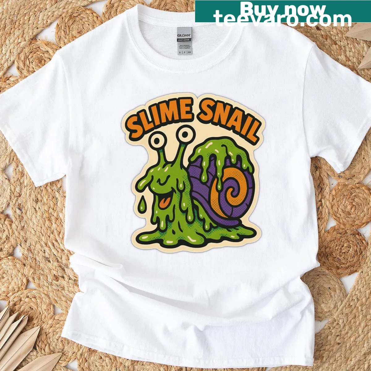 Cute Halloween t-shirt featuring a slime snail cartoon design — on a men's t-shirt