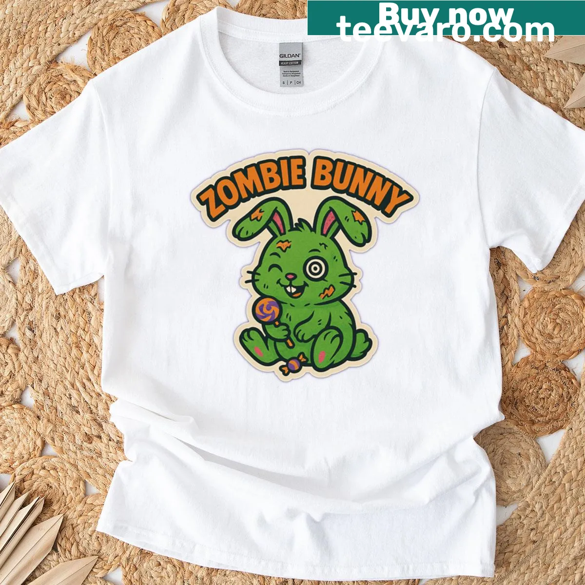 Cartoon zombie bunny graphic for a cute Halloween-themed T-shirt — on a men's t-shirt