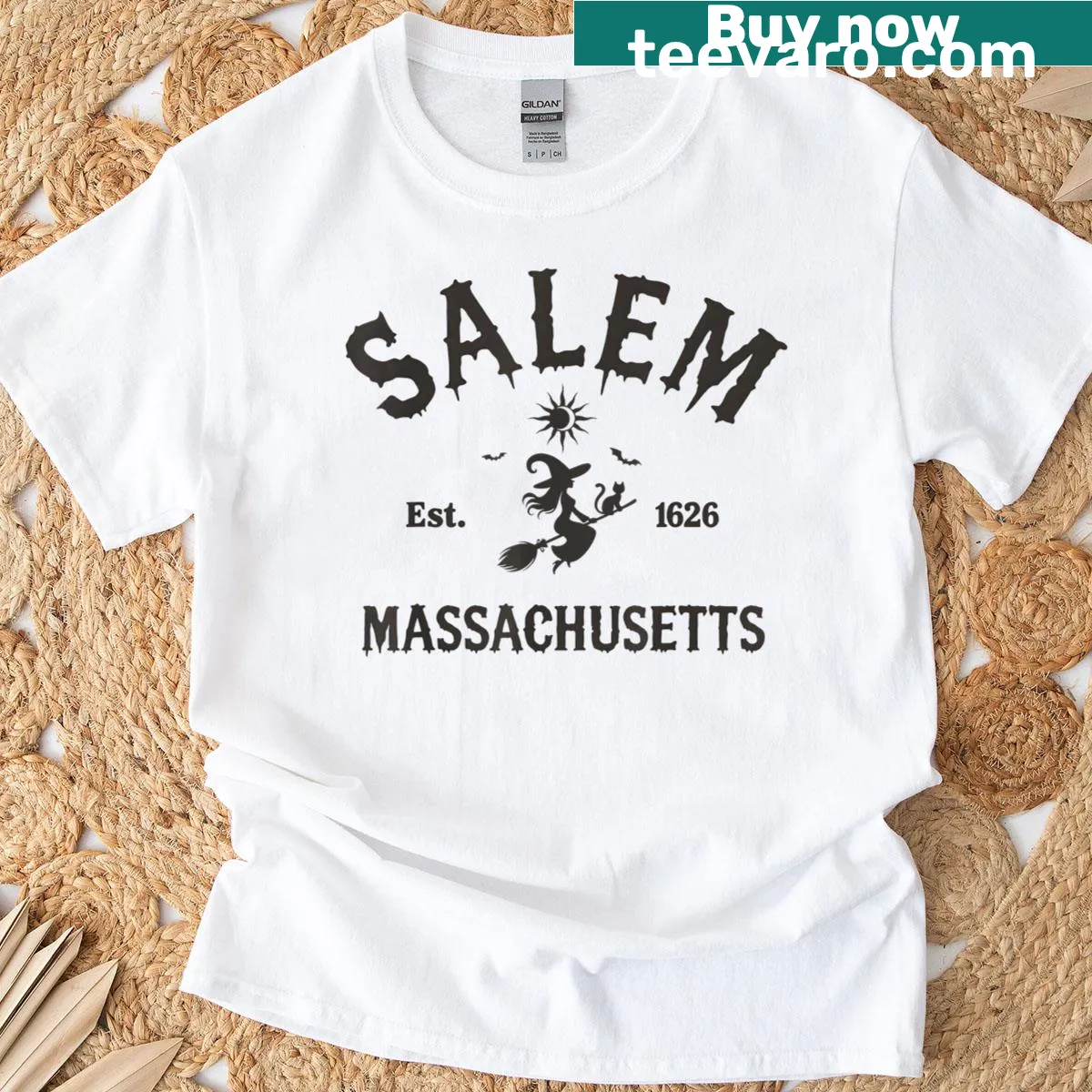 Retro Halloween witch design T-shirt inspired by Salem, Massachusetts — on a men's t-shirt