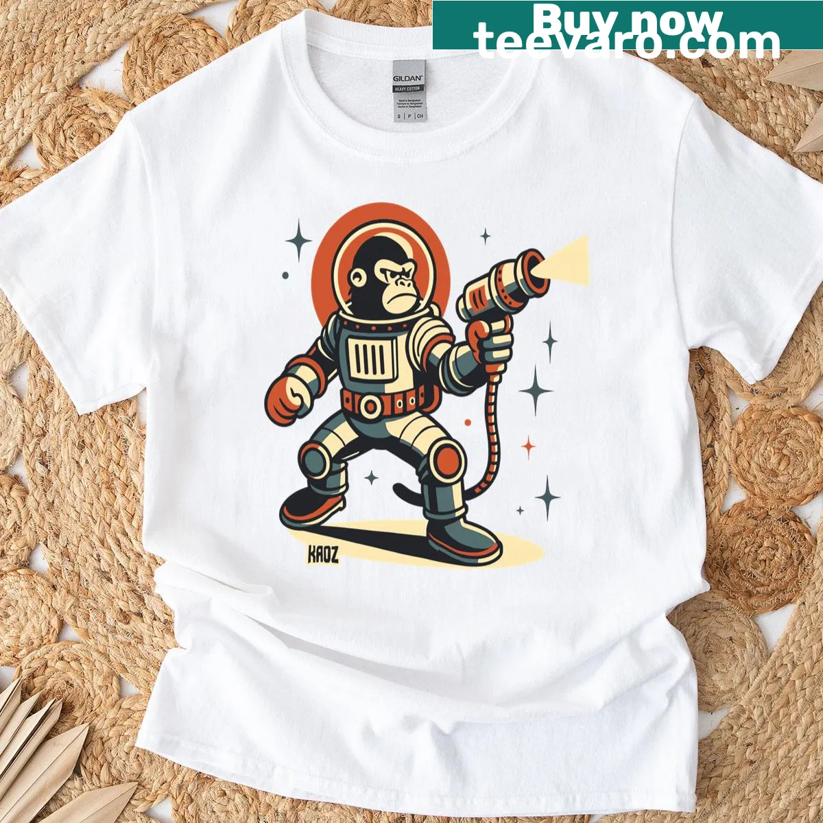 Vintage-style t-shirt featuring a space gorilla with ray gun in astronaut suit — on a men's t-shirt