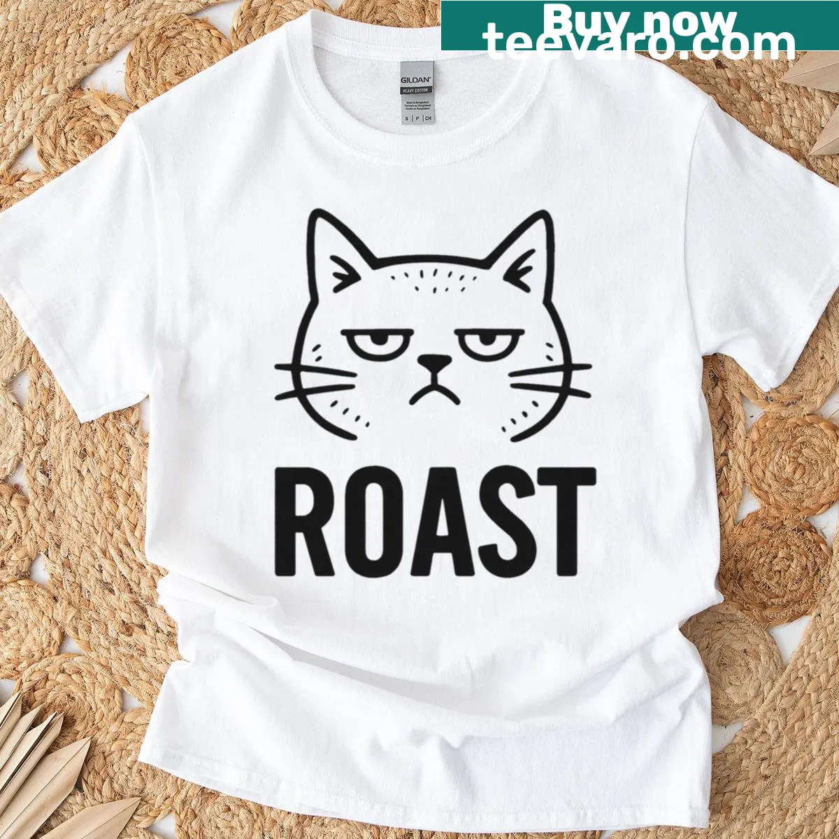 Minimalist graphic tee featuring a humorous cat illustration and text — on a men's t-shirt