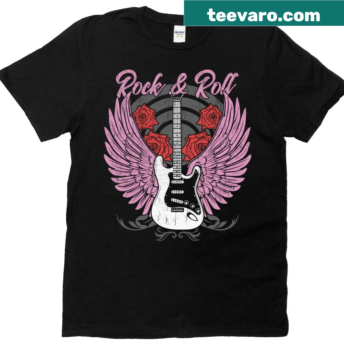 Vintage rock T-shirt featuring a classic guitar design for women music lovers — on a men's t-shirt