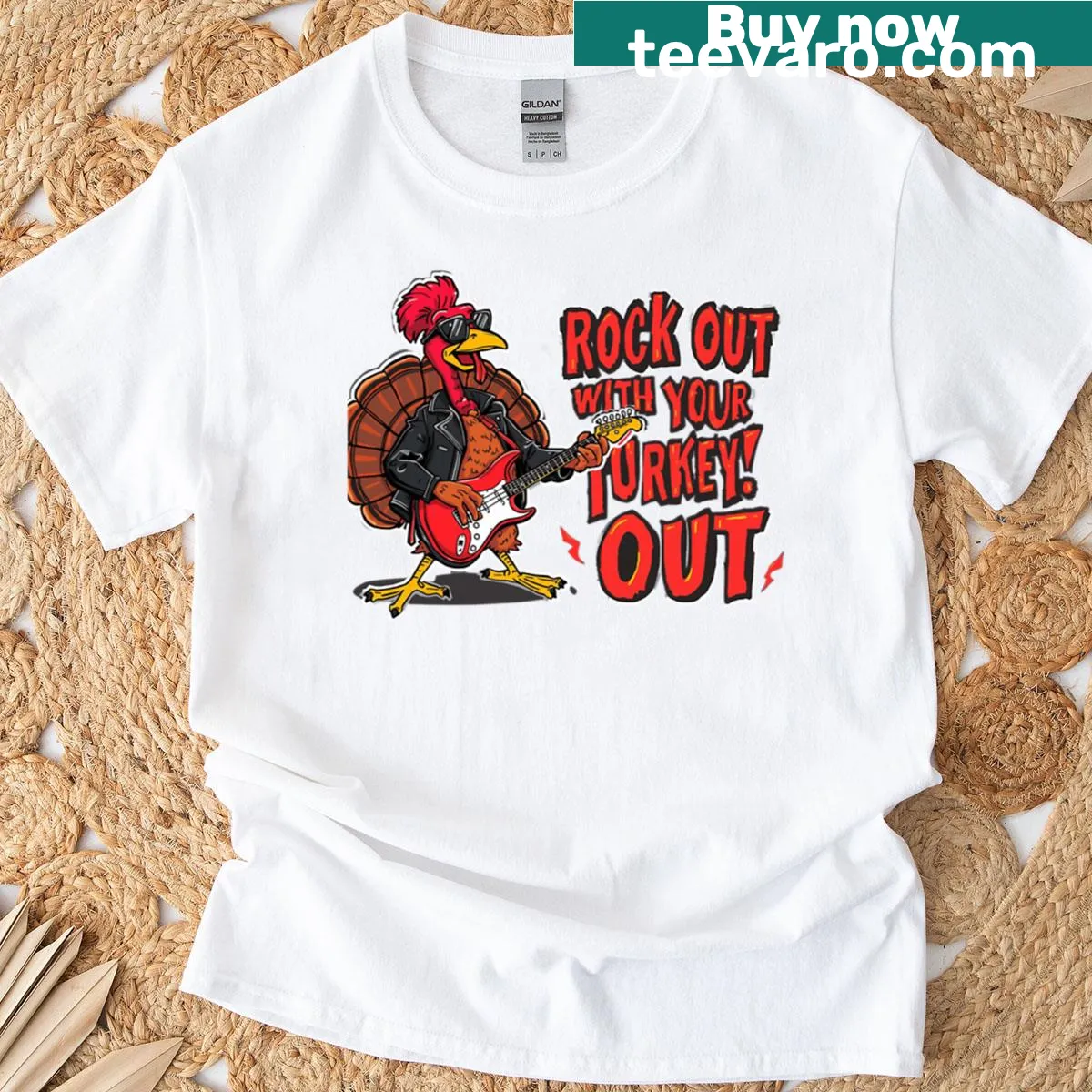 Funny cartoon turkey playing guitar for Thanksgiving design T-shirt — on a men's t-shirt