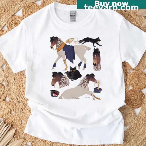 Illustrated design of paint horses with foxes and candles on a T-shirt