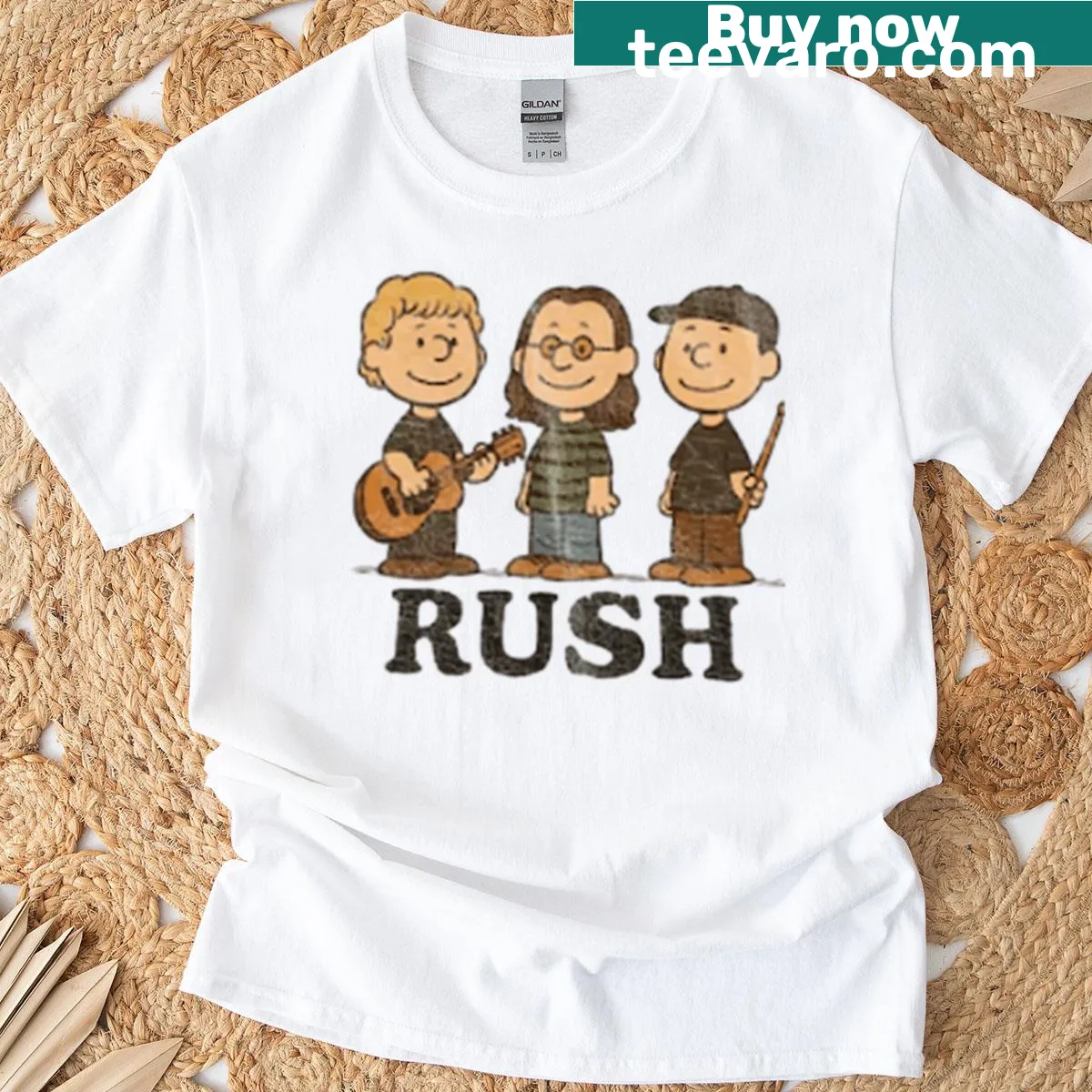 Cartoon-style Rush band design on a vintage baby tee for fans. — on a men's t-shirt