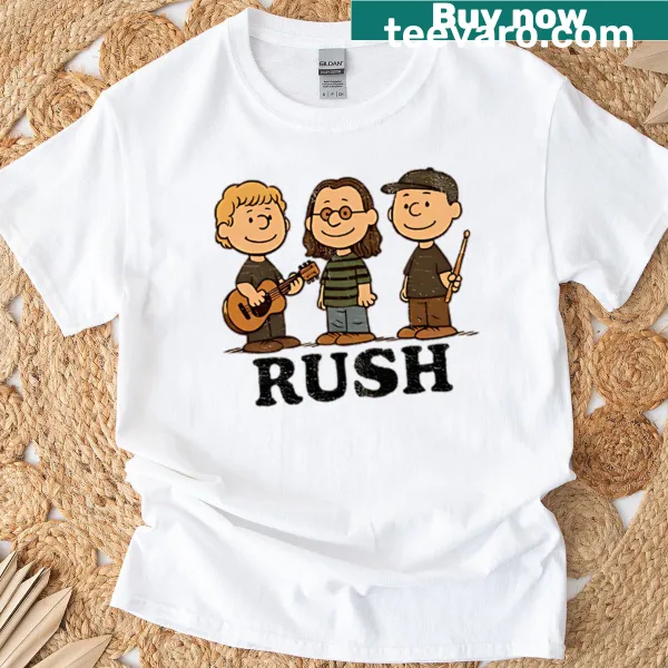 Retro t-shirt featuring Rush and Peanuts characters in music-themed design