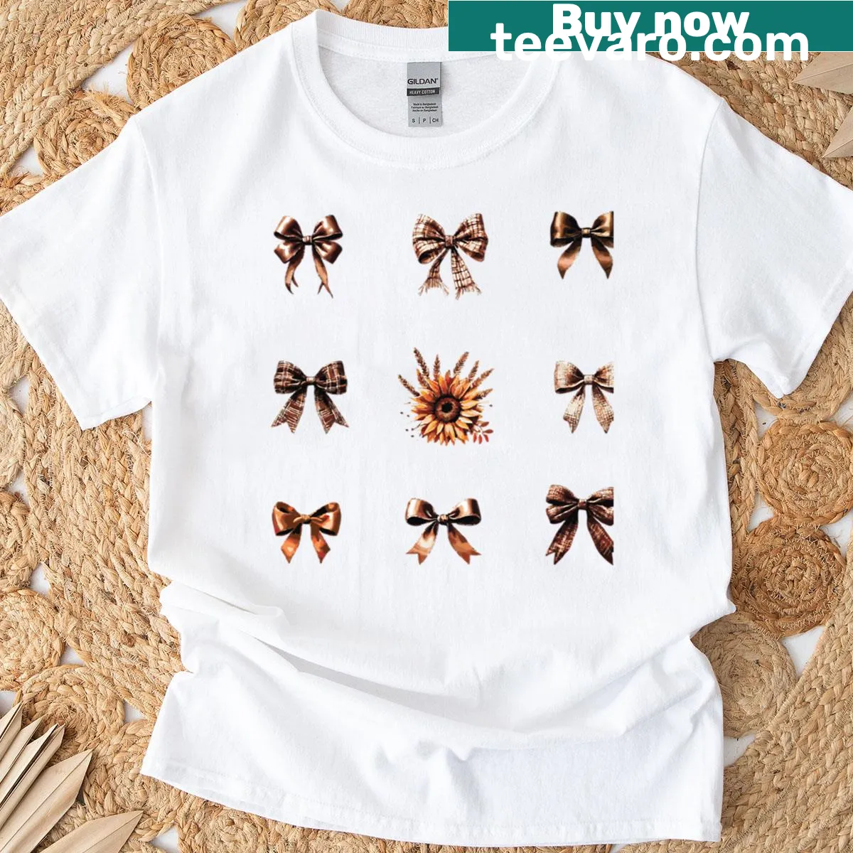Autumn-themed t-shirt with sunflowers, plaid, and satin bows graphic — on a men's t-shirt