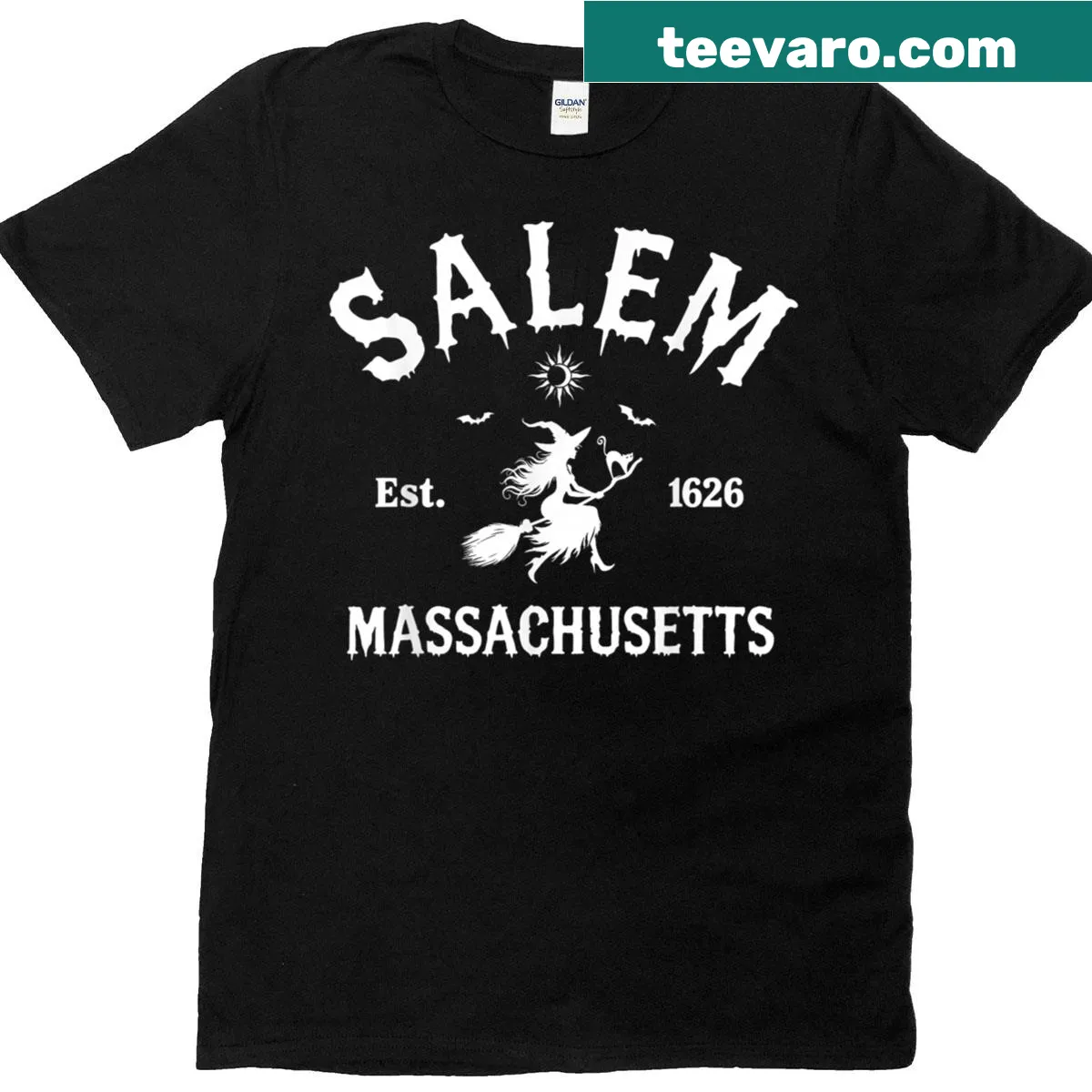 Vintage Halloween T-shirt with a witch silhouette and 1626 text — on a men's t-shirt