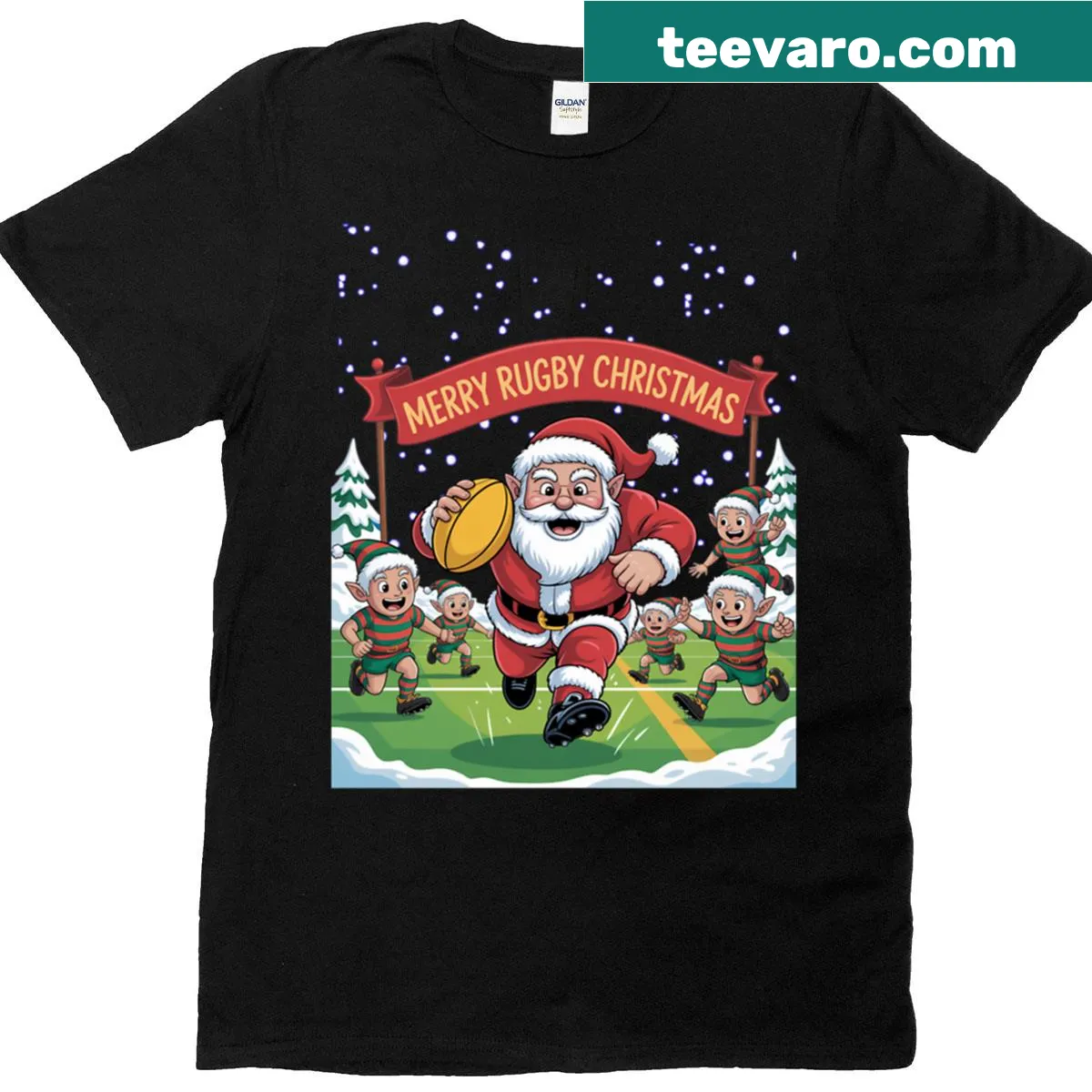 Oversized Christmas t-shirt featuring Santa's Rugby Squad design — on a men's t-shirt