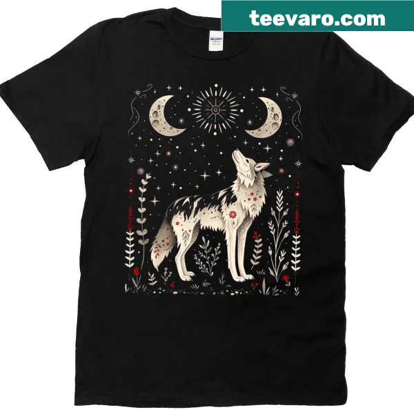 Scandinavian wolf moon t-shirt with floral elements for women