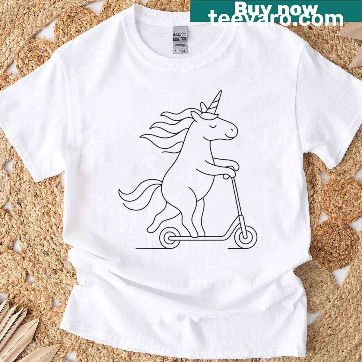 Cartoon unicorn riding a scooter on a T-shirt — on a men's t-shirt