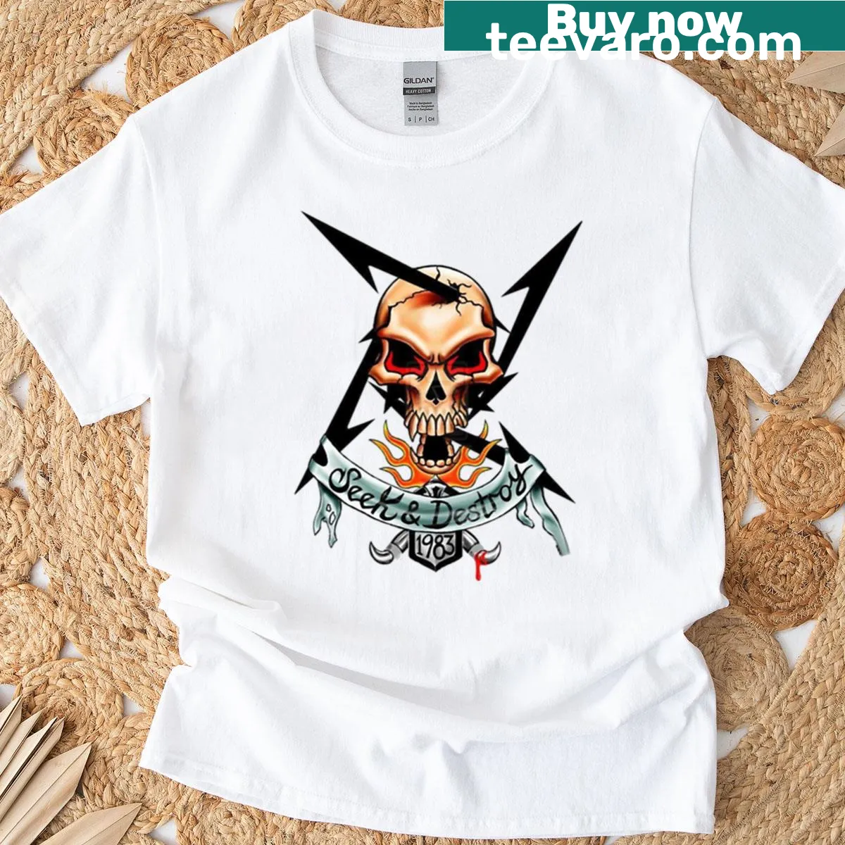 Edgy typography t-shirt featuring 'Seek And Destroy' text design — on a men's t-shirt