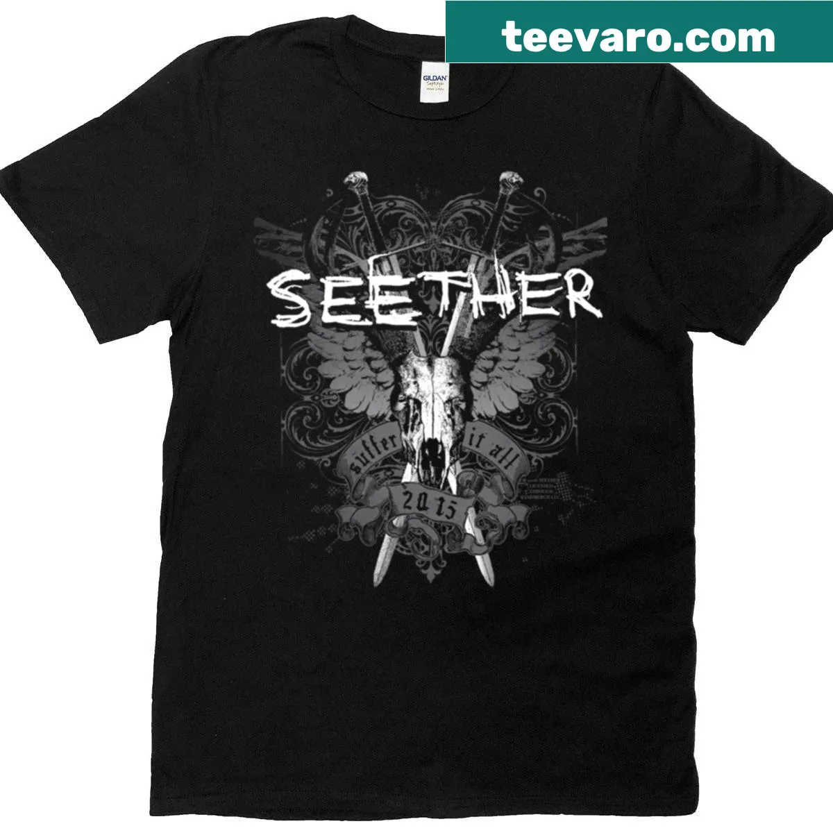 Seether Suffer t-shirt featuring bold typography design — on a men's t-shirt