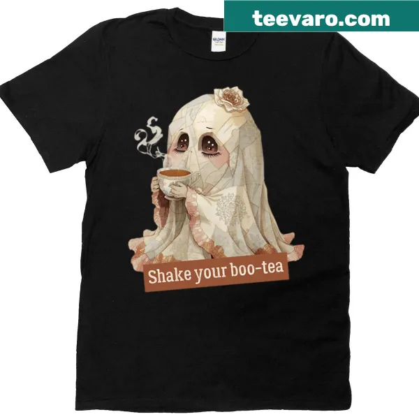 Ghost graphic T-shirt with 'Shake Your Boo-tea' text