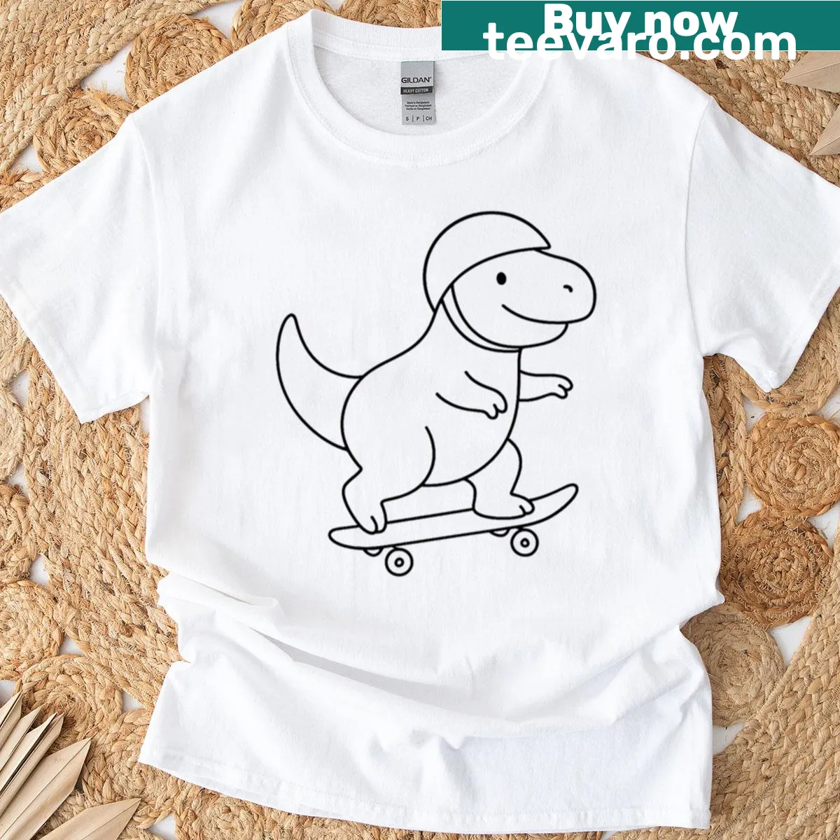 Cartoon T-rex skateboarding on a playful graphic t-shirt. — on a men's t-shirt