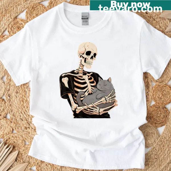 Skeleton hugging a cat for Halloween design