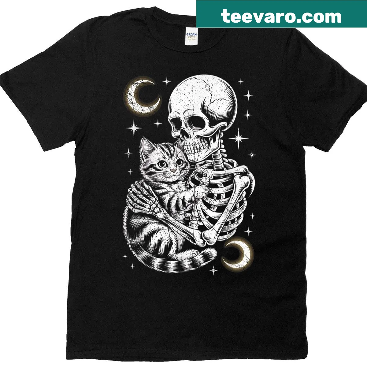 Halloween t-shirt featuring a skeleton hugging a cat — on a men's t-shirt