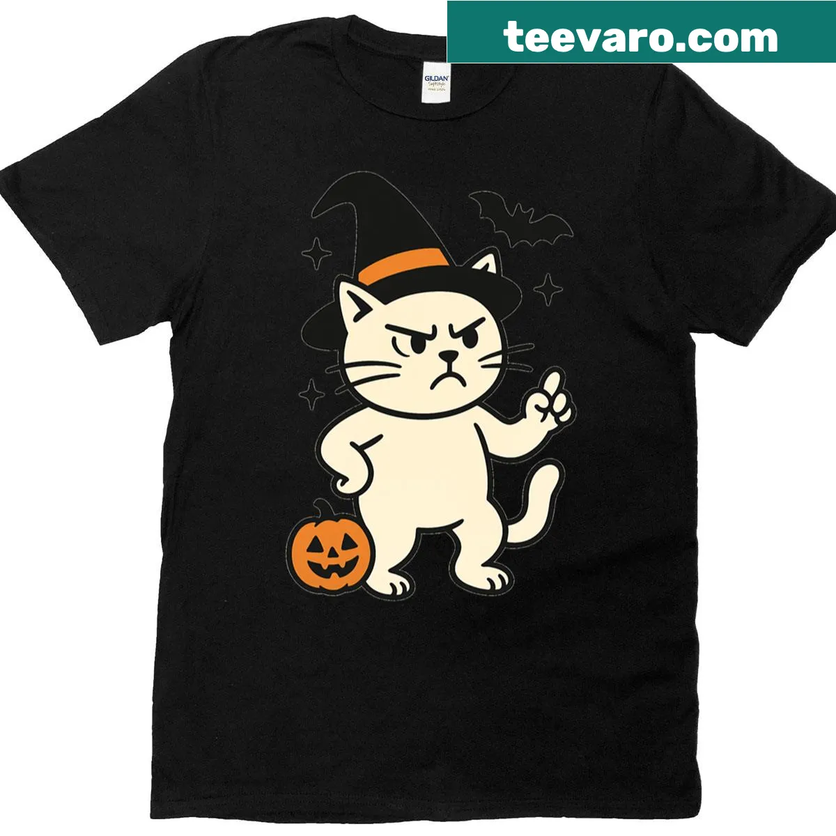 Cartoon T-shirt featuring a skeptical cat in a witch hat — on a men's t-shirt