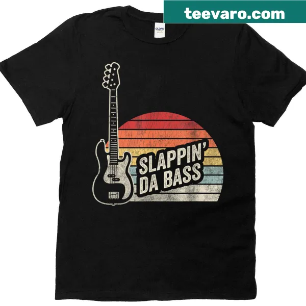 Retro t-shirt with the phrase 'Slappin Da Bass' and sunset design.