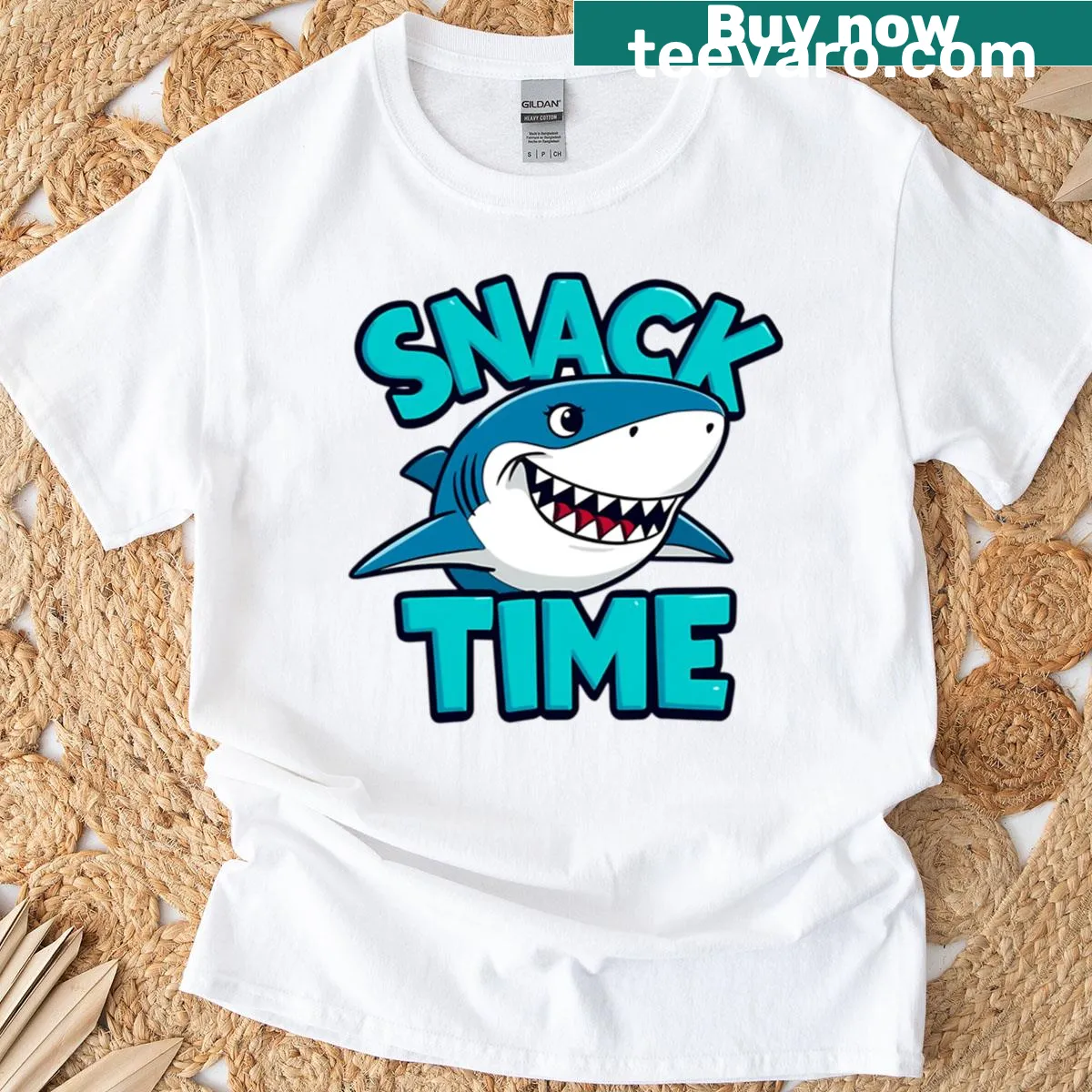 Cartoon shark design on Snack Time T-shirt — on a men's t-shirt