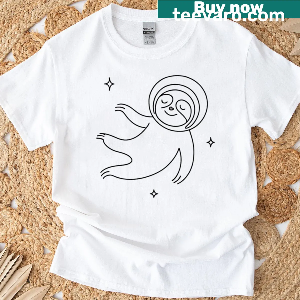 Cartoon sloth floating in space graphic — on a men's t-shirt