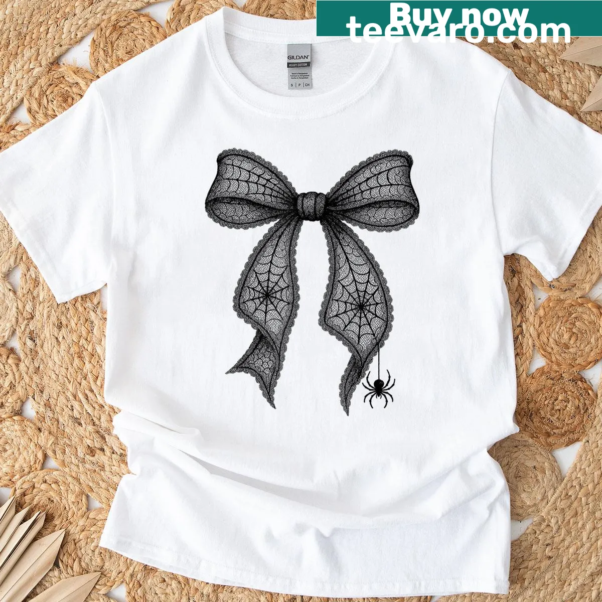 Spiderweb bow design on Halloween T-shirt — on a men's t-shirt