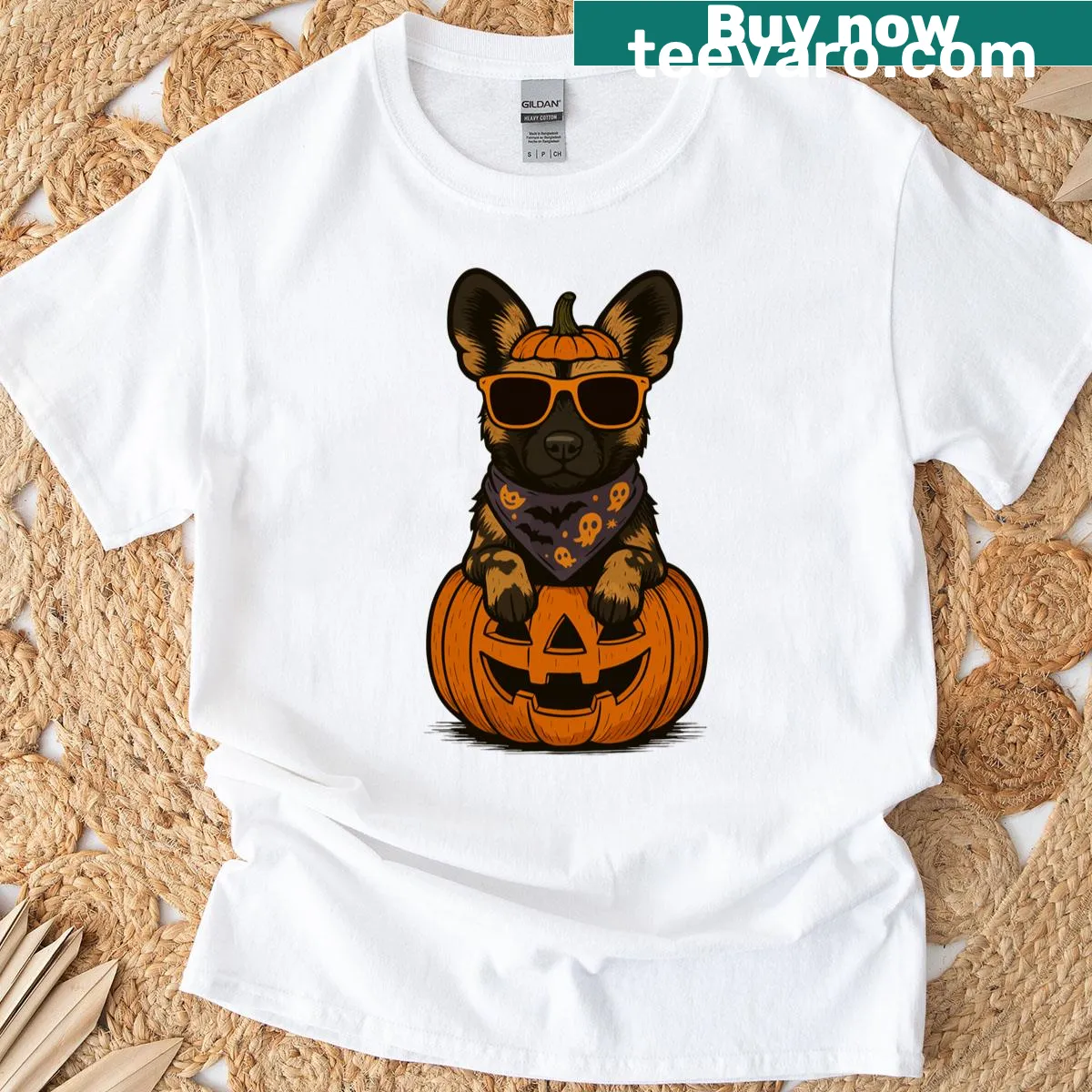 Spooky graphic of an African wild dog with a pumpkin. — on a men's t-shirt