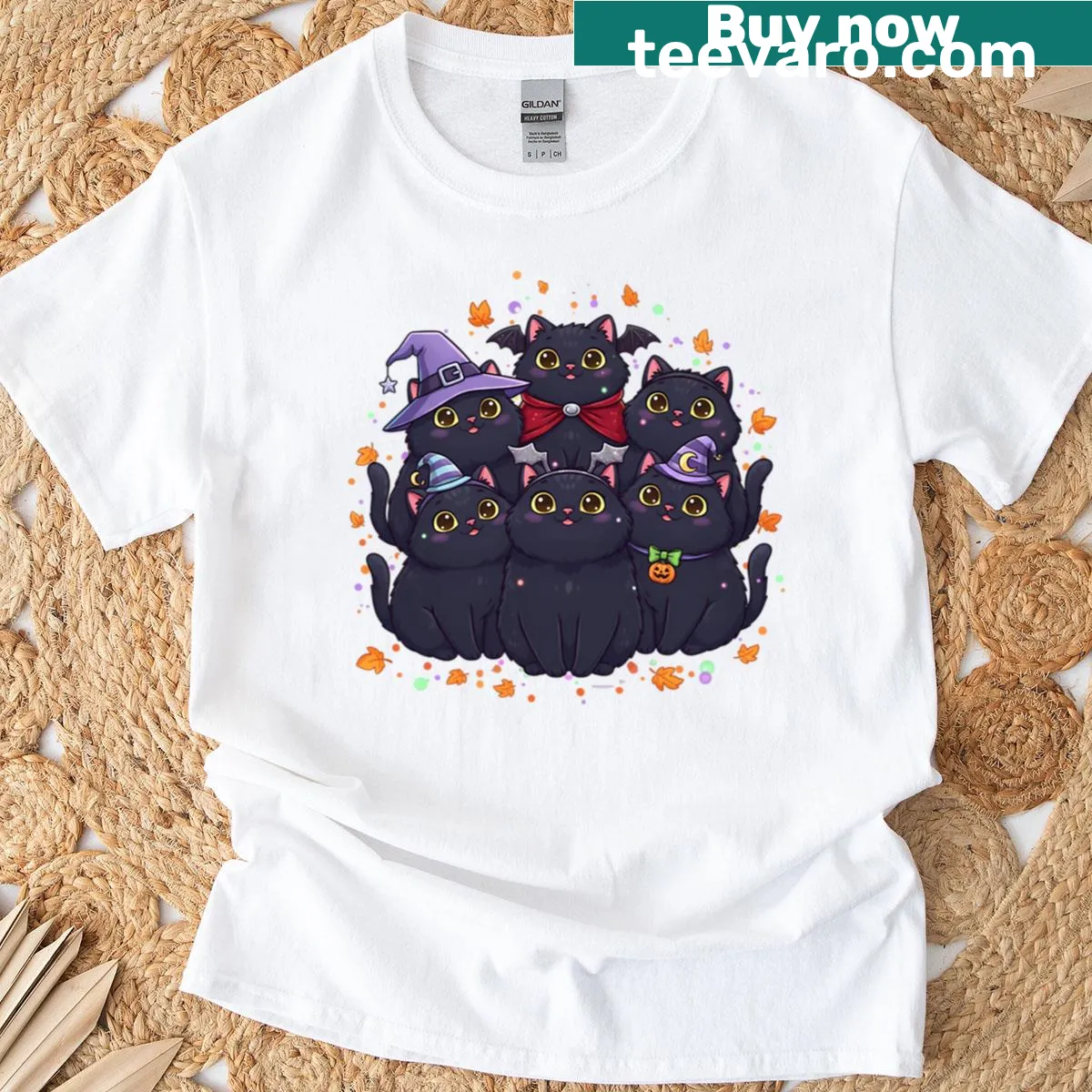 Group of cute black cats in a spooky design on t-shirt — on a men's t-shirt