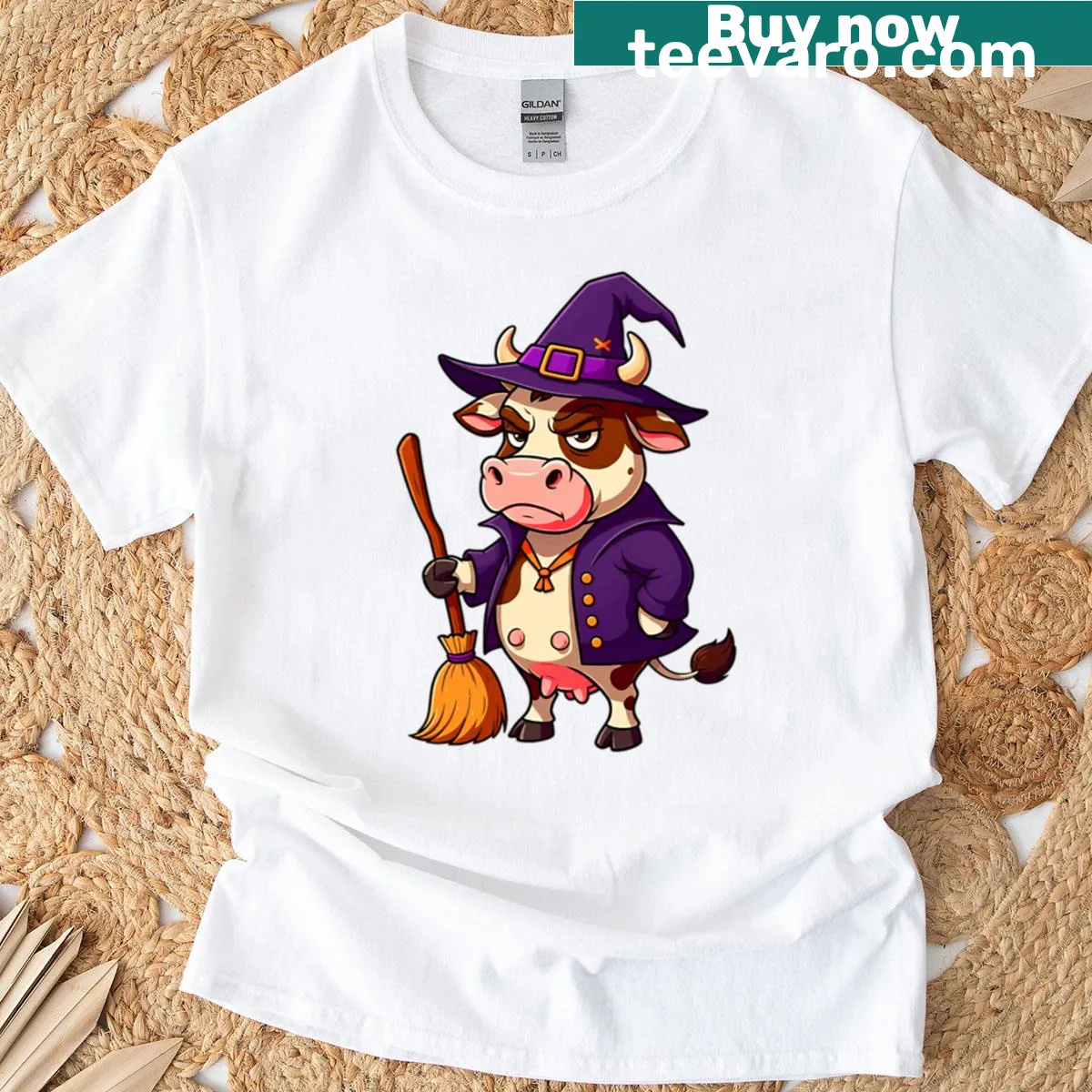 Illustration of a cow in a witch hat for Halloween — on a men's t-shirt