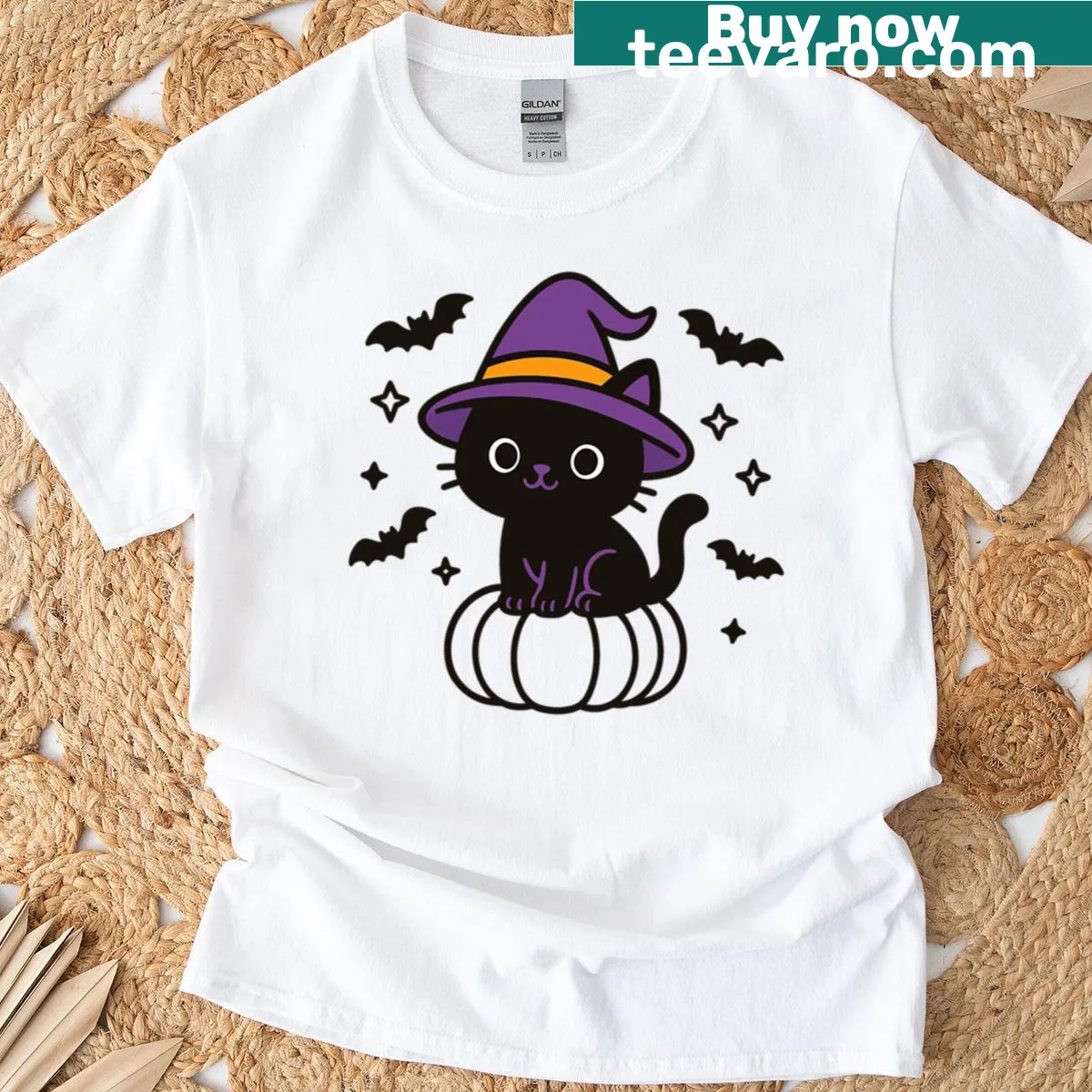 Cute black cat with witch hat on Halloween T-shirt — on a men's t-shirt