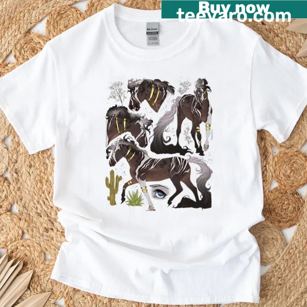 Illustration of a striped roan horse with flowers and cacti