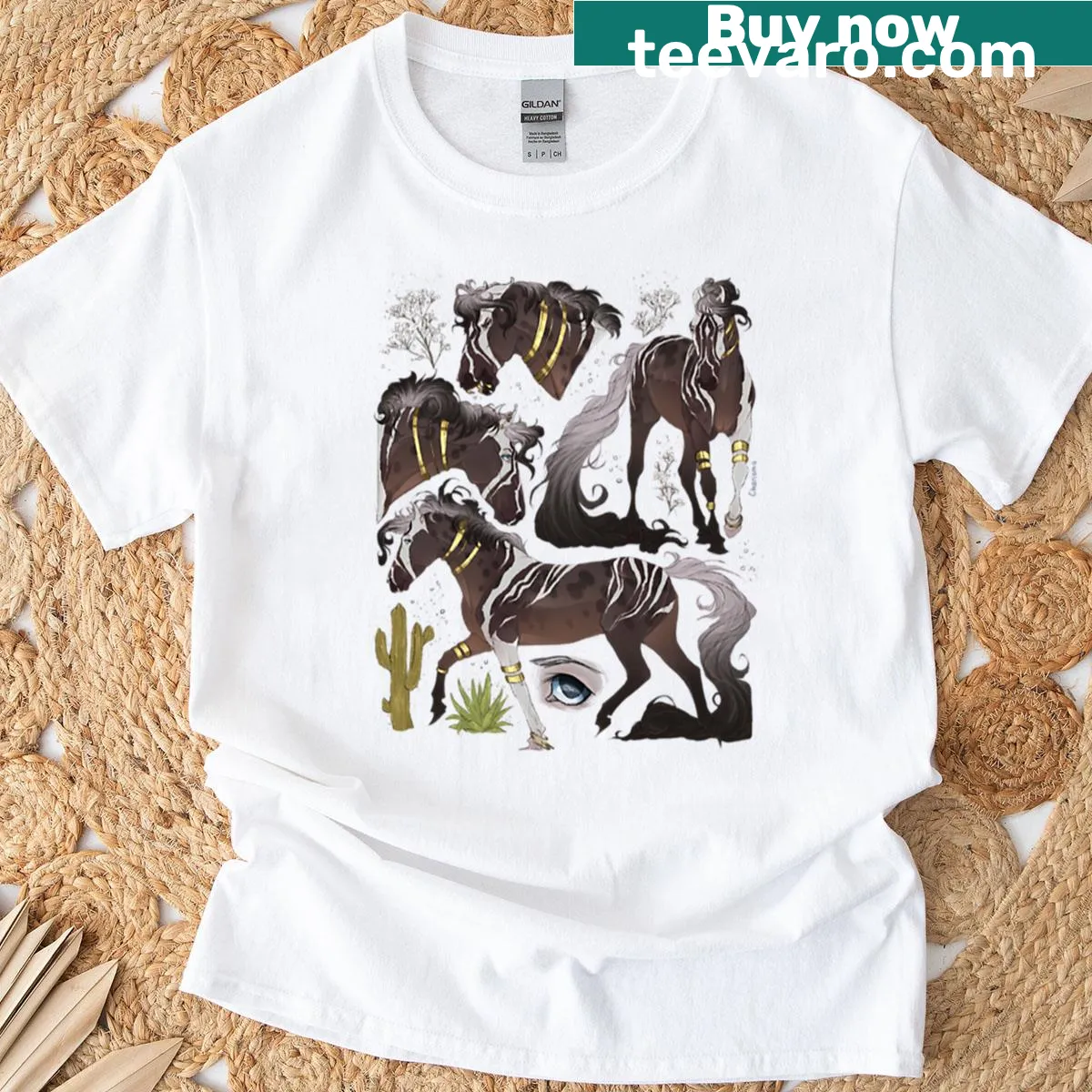 Illustration of a striped roan horse with flowers and cacti — on a men's t-shirt