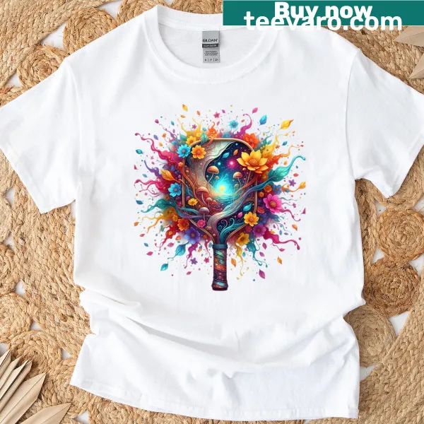 Floral pickleball paddle graphic on a T-shirt