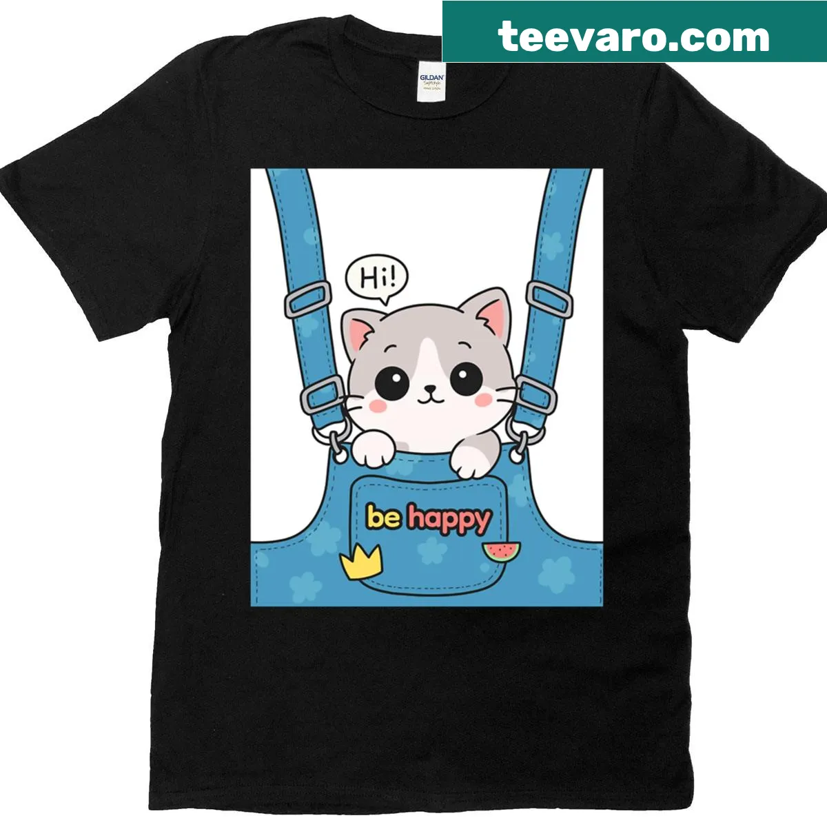 Graphic T-shirt featuring a cat in suspenders — on a men's t-shirt