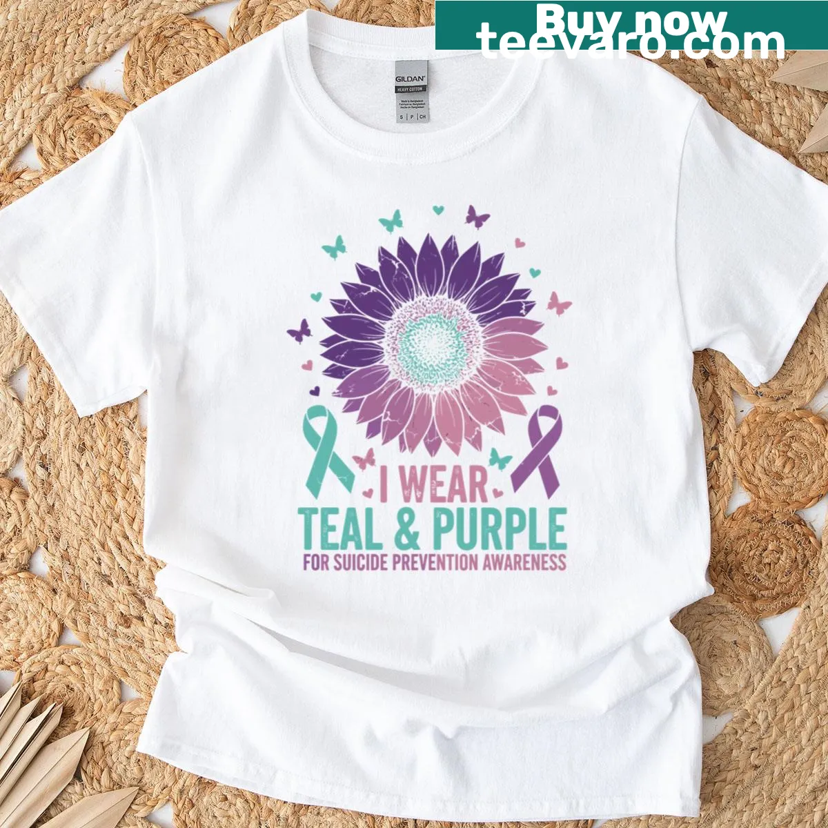 Illustrated sunflower ribbon for suicide prevention awareness on a t-shirt — on a men's t-shirt