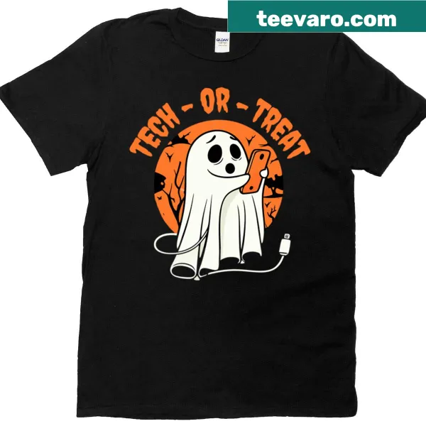 Funny Halloween t-shirt with a cute ghost and tech pun design