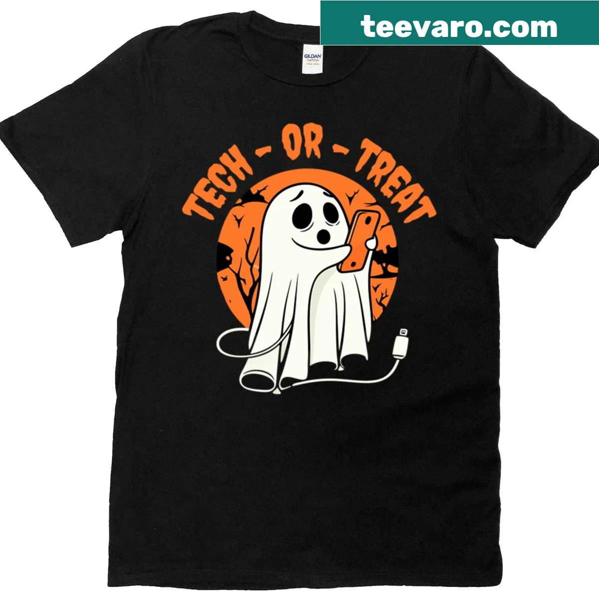Funny Halloween t-shirt with a cute ghost and tech pun design — on a men's t-shirt