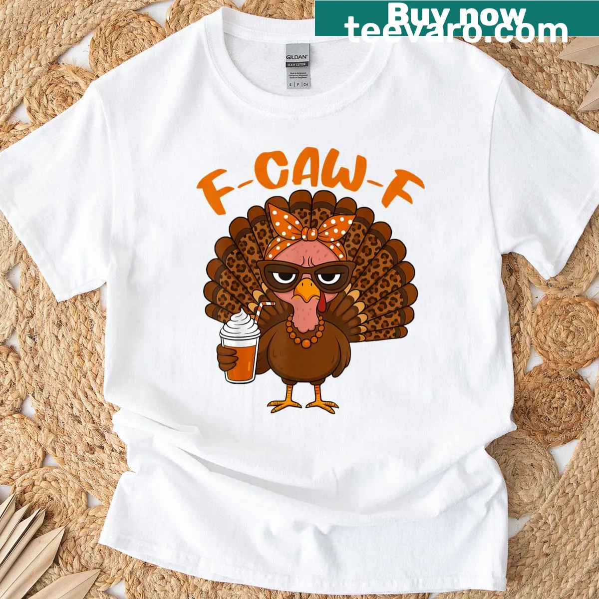 Illustration of a coffee-drinking turkey with leopard print on a t-shirt — on a men's t-shirt